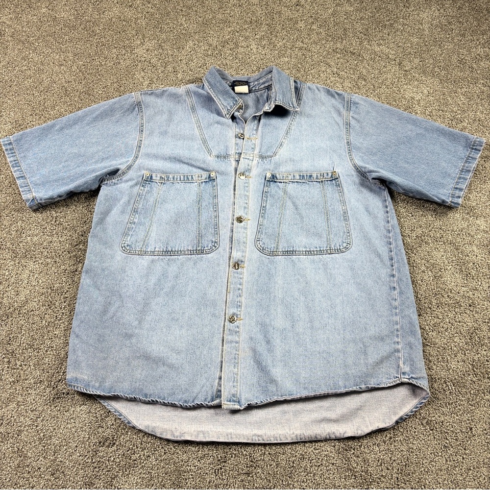 KARL KANI JEANS Vtg Heavy Denim Metal Button Mens L Shirt Short Sleeve Amazing!